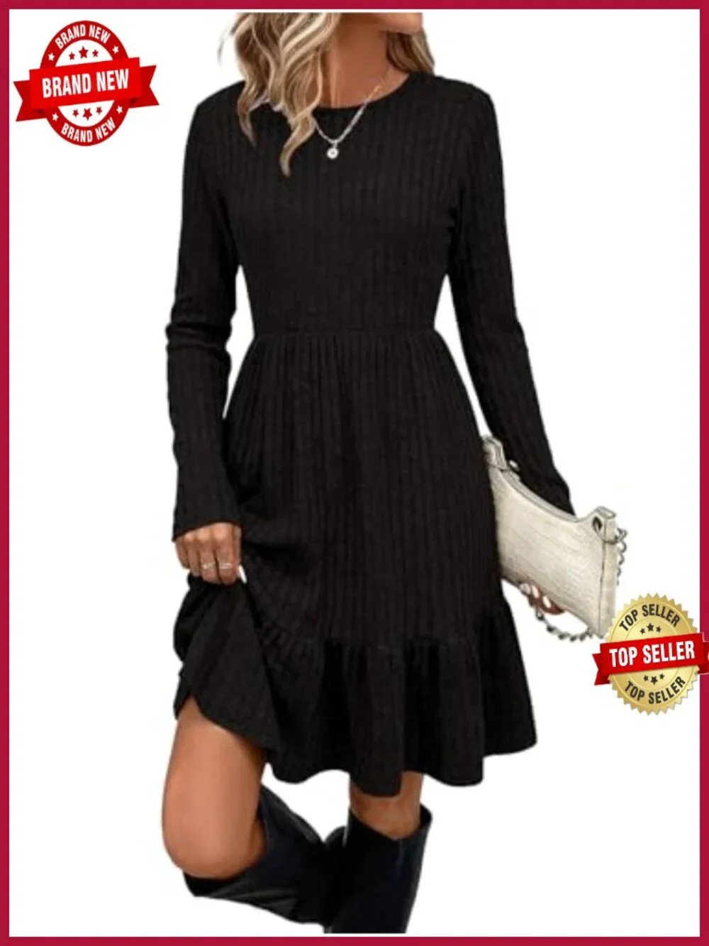 Women's Ribbed Knit Midi Sweater Dress Long Sleeve A-Line Pockets Casual